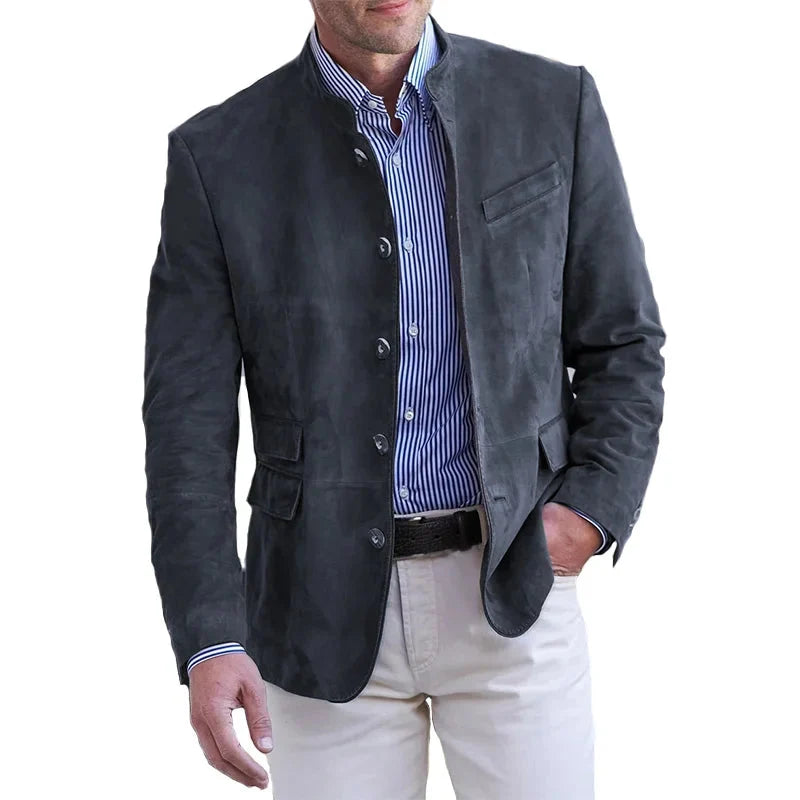 Detail shot of men's suede-effect blazer showing soft-touch fabric and tonal button closure