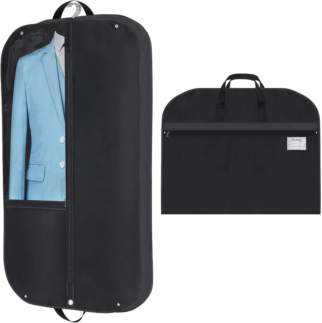 Black suit carrier bag with full-length zip and clear panel showing blue suit jacket inside