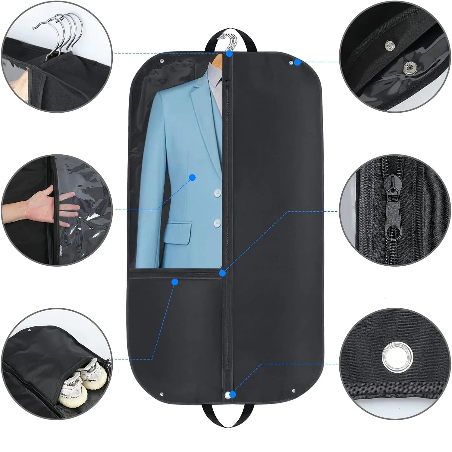 Foldable garment bag in black Oxford fabric with dual carry handles and front zip pocket