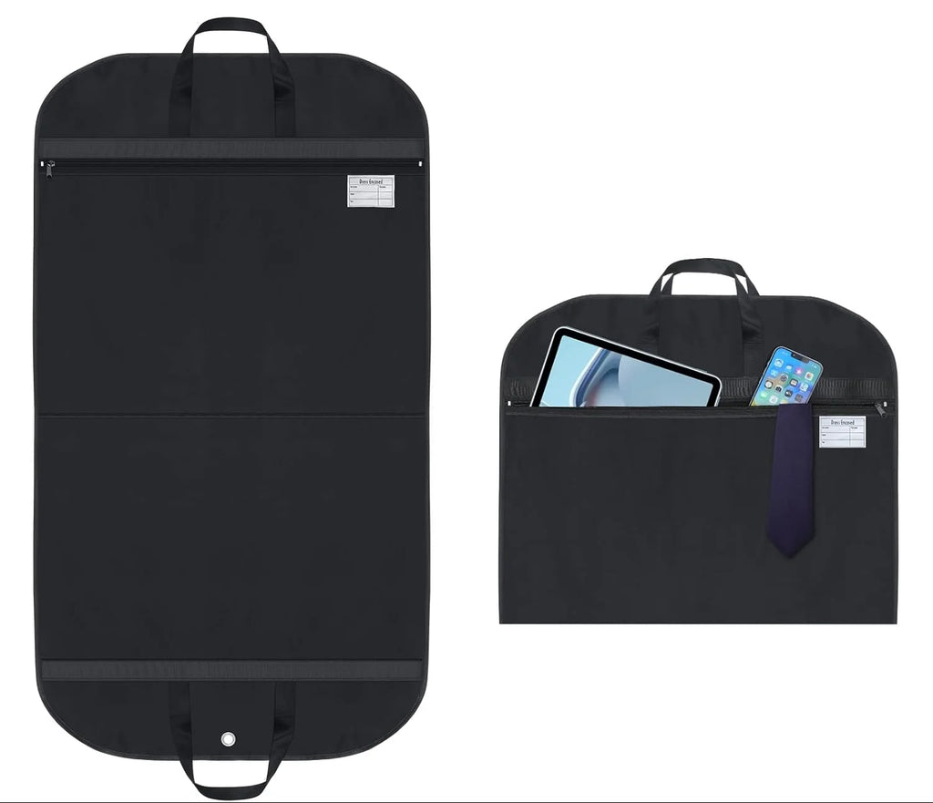 Men's suit carrier bag unfolded to full length with hanging hook and protective black exterior
