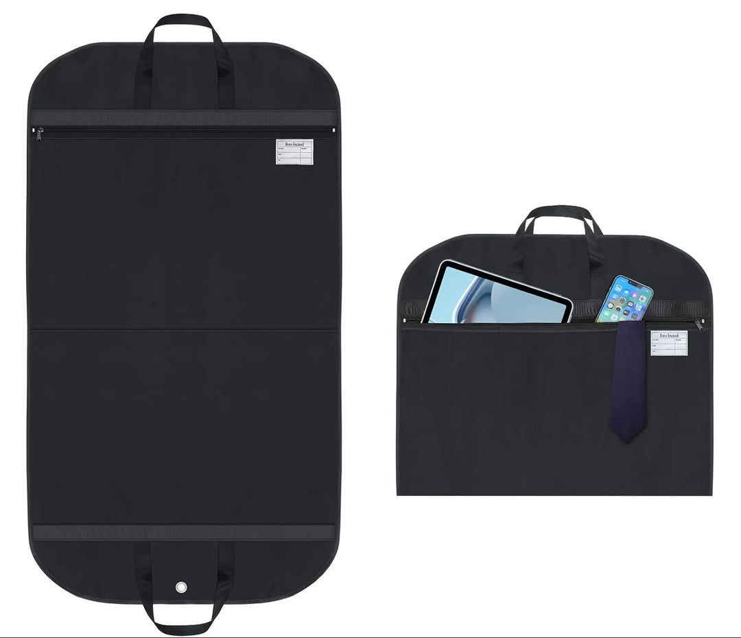 Men's suit carrier bag unfolded to full length with hanging hook and protective black exterior