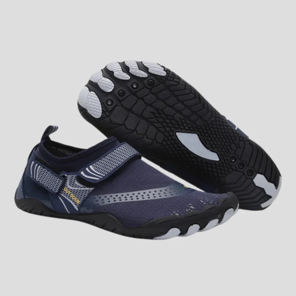Men's water shoes in navy with textured rubber sole and adjustable strap for secure fit
