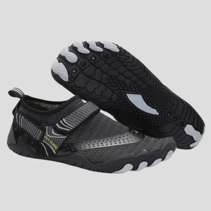 Close-up of men's water shoes showing open-weave upper and defined toe sections for flexibility