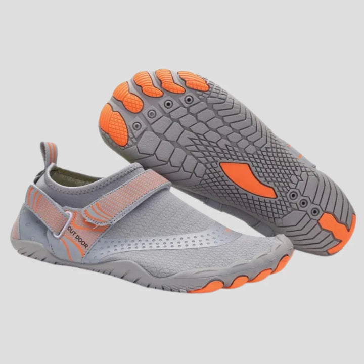 Side view of men's water shoes with hook-and-loop strap and quick-dry mesh panels