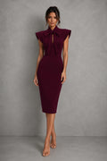 Bow tie midi dress in deep burgundy with stand collar and flutter sleeves, knee-length silhouette