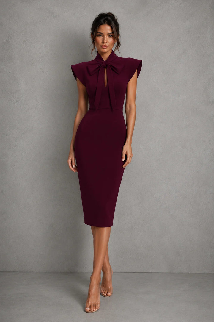 Bow tie midi dress in deep burgundy with stand collar and flutter sleeves, knee-length silhouette