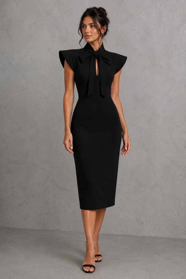 Detail shot of flutter sleeves and smooth fabric finish on tailored midi dress