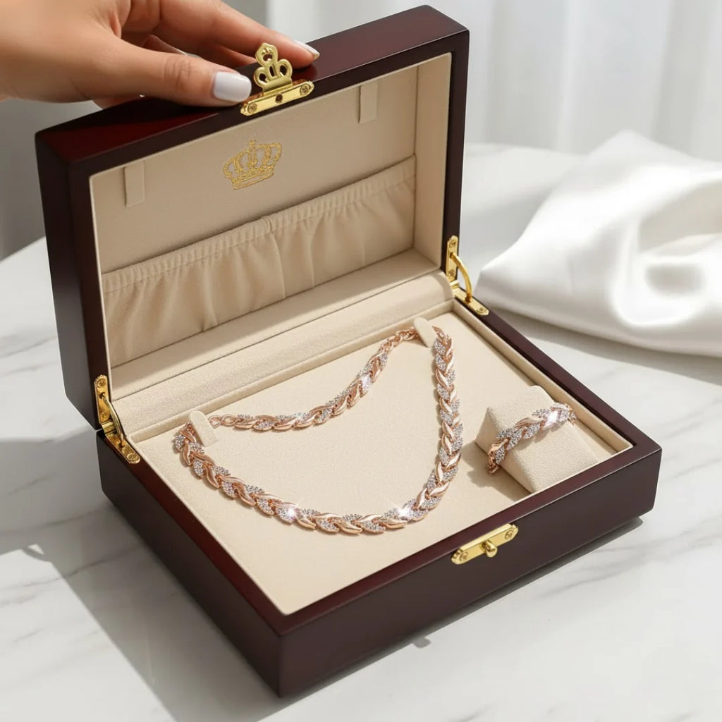 Side view of rhinestone chain necklace set showing alternating polished and crystal-studded links