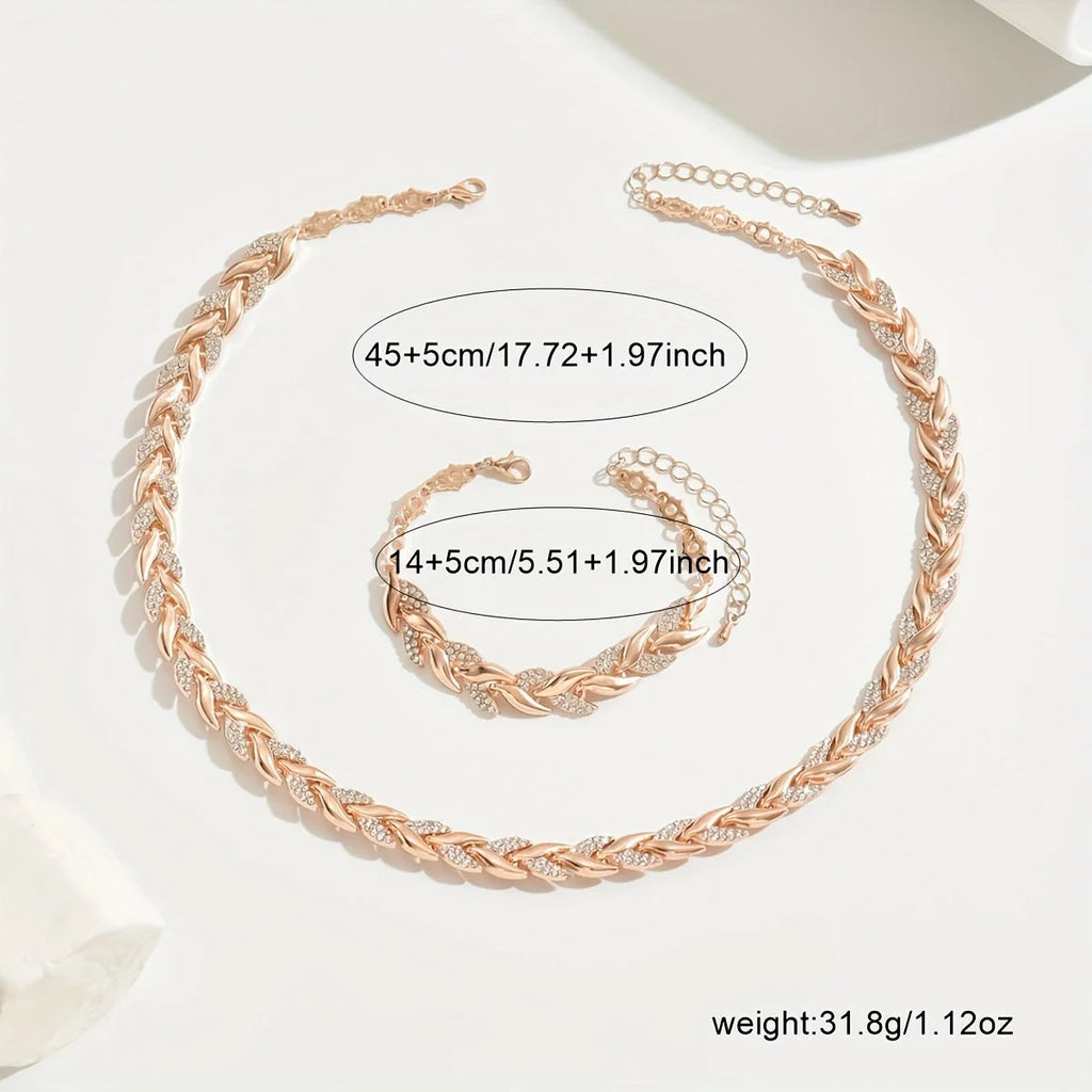 Woman wearing rose gold rhinestone chain necklace set layered with white blouse