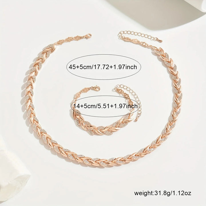 Woman wearing rose gold rhinestone chain necklace set layered with white blouse