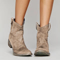 Women's ankle boots with western pull tabs in taupe suede-effect finish and low block heel
