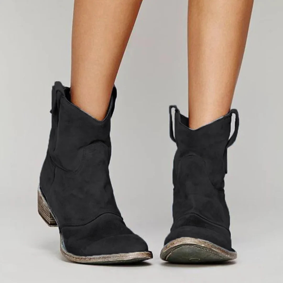 Side view of women's ankle boots featuring functional pull tabs and compact shaft design