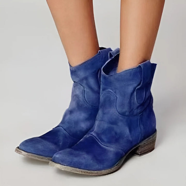 Detail of suede-effect ankle boots with western pull tabs and matte finish upper