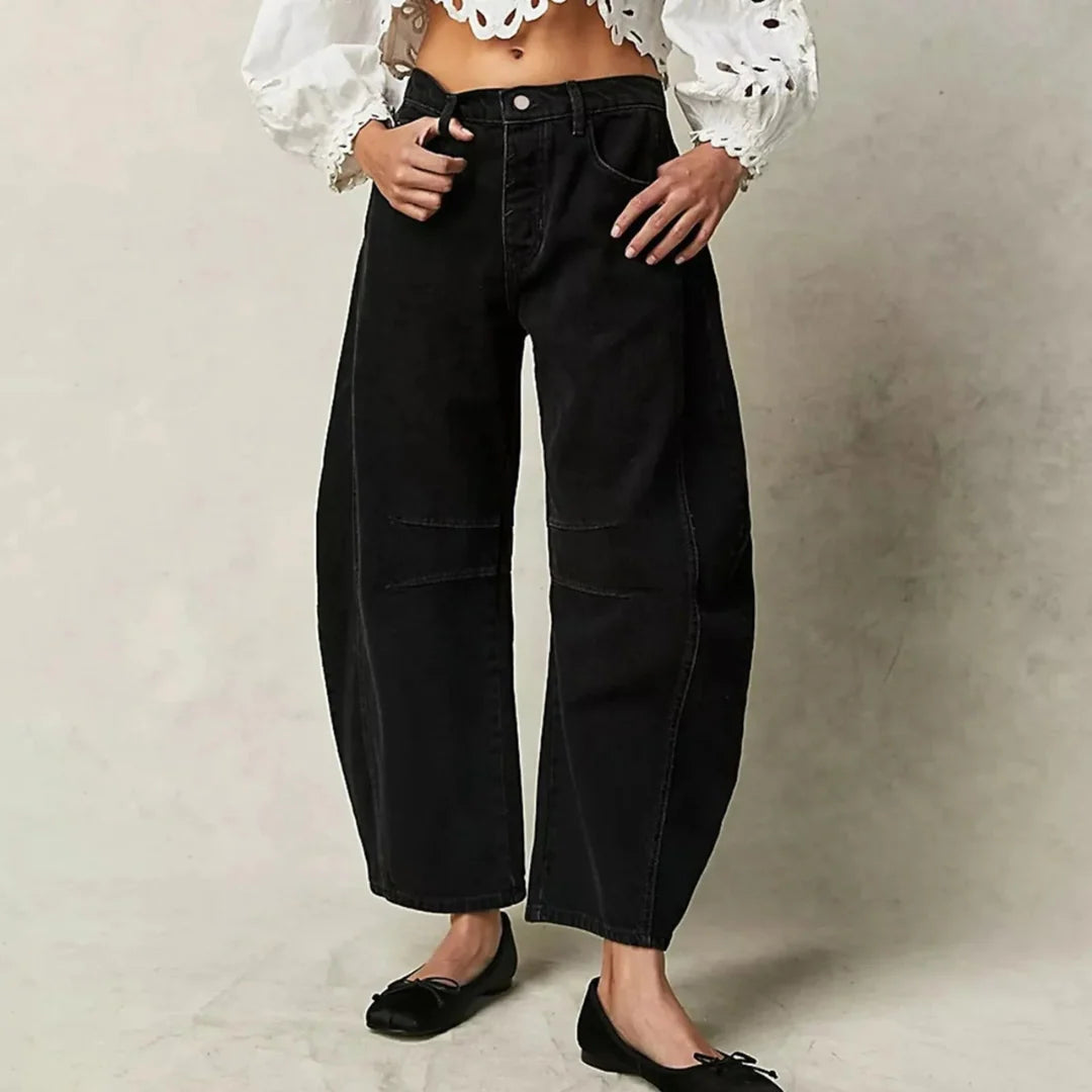 Close-up view of barrel leg jeans showing curved wide leg tapering to ankle with relaxed fit