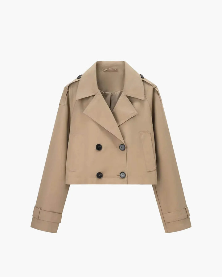 Women's cropped trench jacket in beige with double-breasted closure and notched lapels