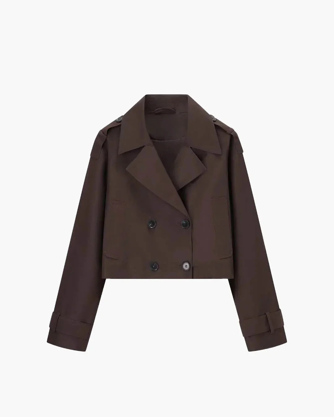 Women's cropped trench jacket styled over casual outfit for transitional weather