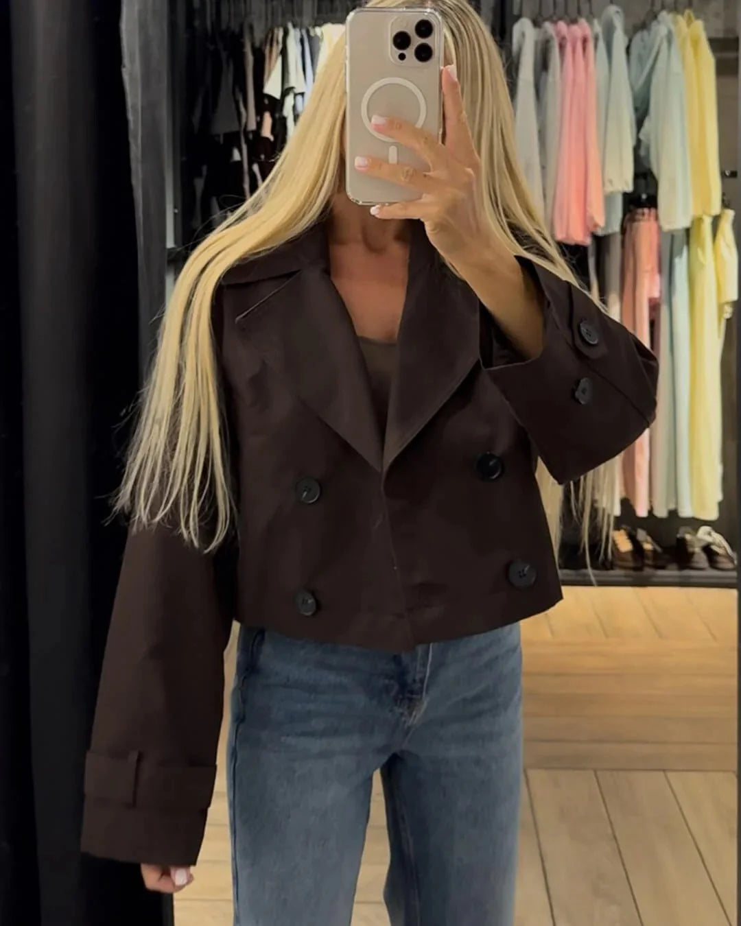 Women's cropped trench jacket in khaki showing smooth structured fabric