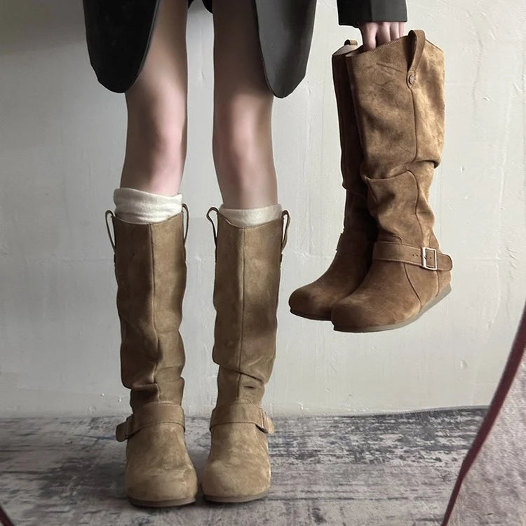 Women's knee-high slouch boots in tan suede-effect finish with buckle strap and flat sole