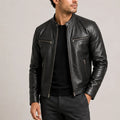 Men's biker jacket with stand collar and zip front closure worn over black tee