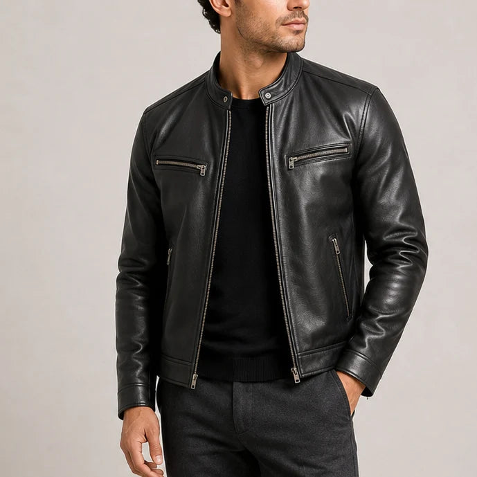 Men's biker jacket with stand collar and zip front closure worn over black tee