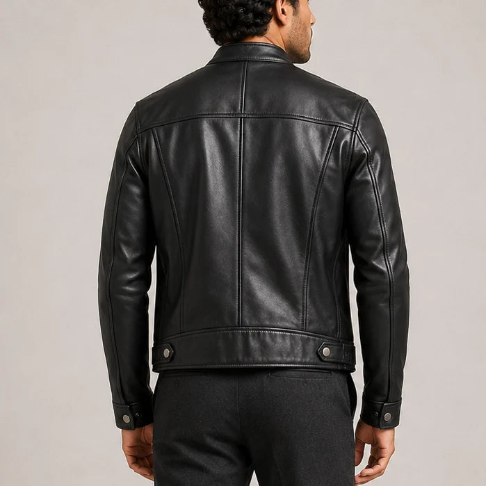 Close-up view of men's biker jacket showing chest zip pocket and smooth finish