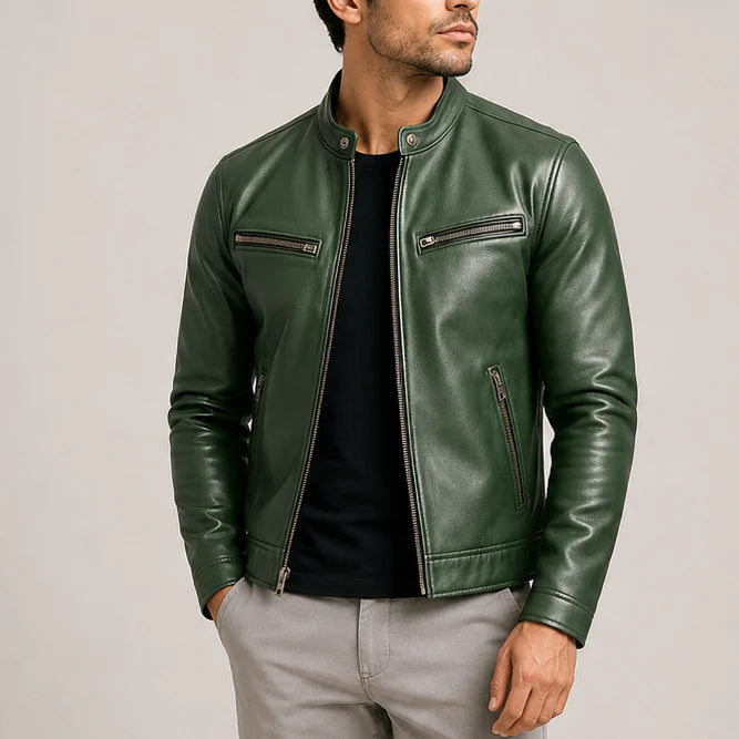 Side profile of men's biker jacket displaying ribbed cuffs and structured silhouette