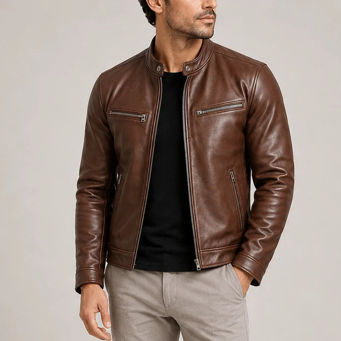 Men's biker jacket styled with dark trousers for casual everyday wear