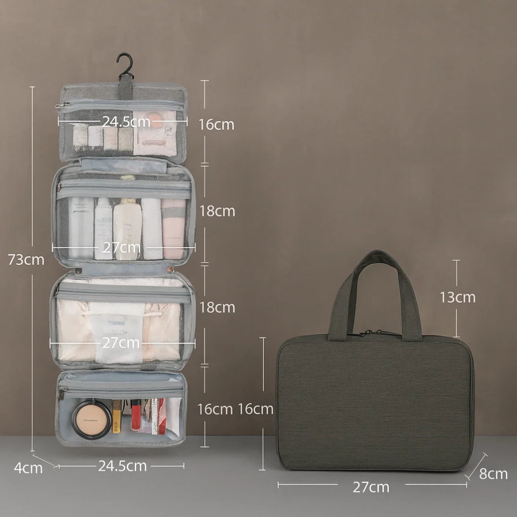 Men's hanging toiletry bag shown open with multiple compartments displaying dimensions and water-resistant grey fabric construction