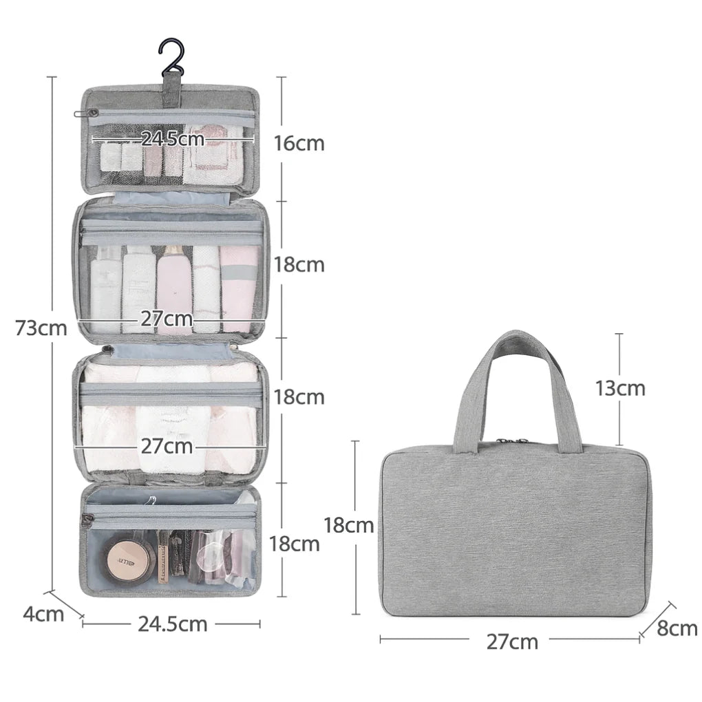 Grey hanging toiletry organiser with clear pockets holding skincare bottles and cosmetics in organised compartments