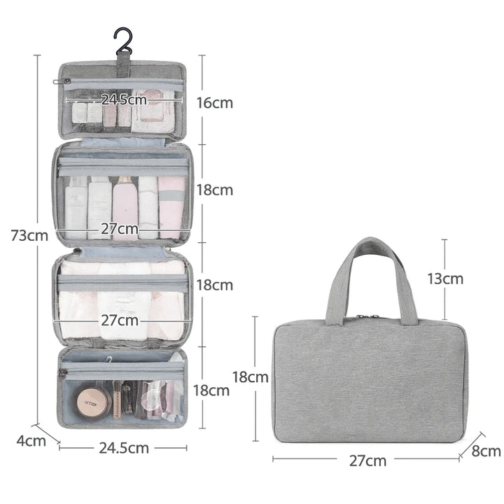 Grey hanging toiletry organiser with clear pockets holding skincare bottles and cosmetics in organised compartments
