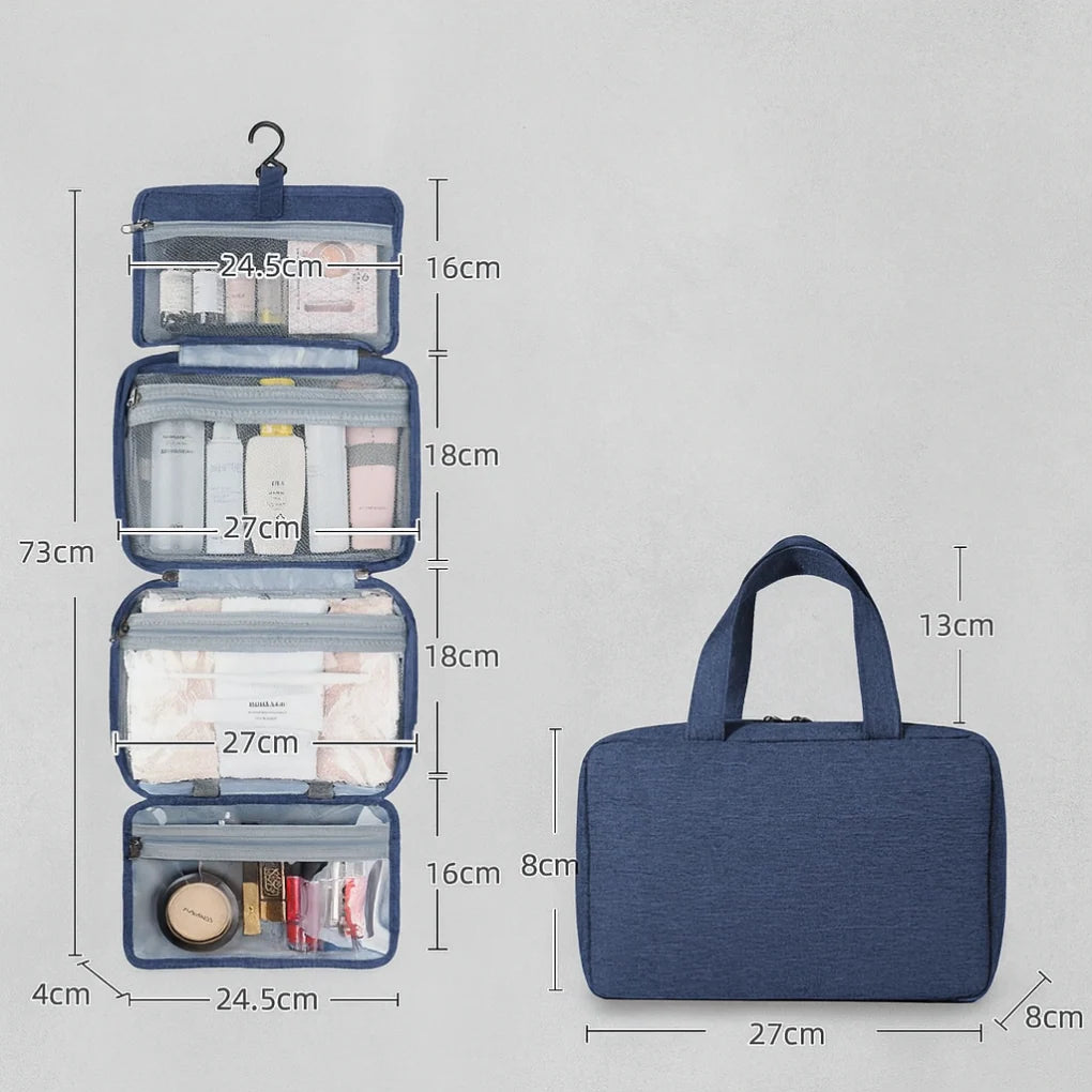 Compact men's toiletry bag in folded position with top handles and structured water-resistant fabric