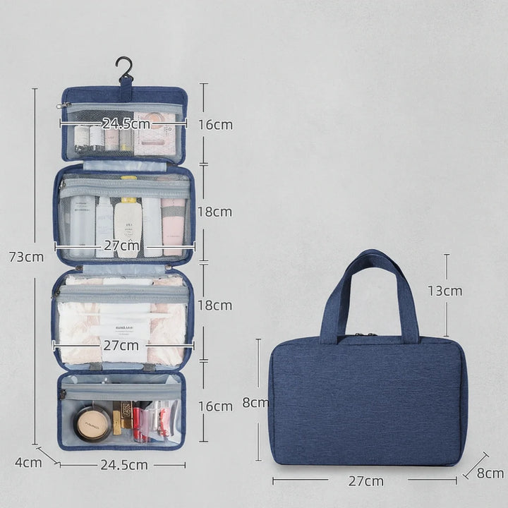 Compact men's toiletry bag in folded position with top handles and structured water-resistant fabric