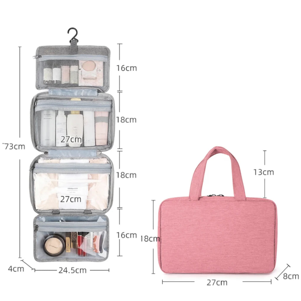 Multi-compartment toiletry bag layout showing elastic straps, mesh pockets, and detachable clear pouch for travel essentials