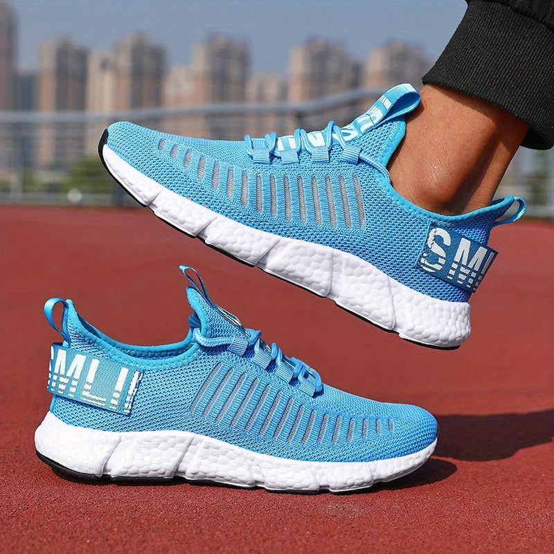 Men's knit trainers featuring lace-up closure and pull tab for easy wear