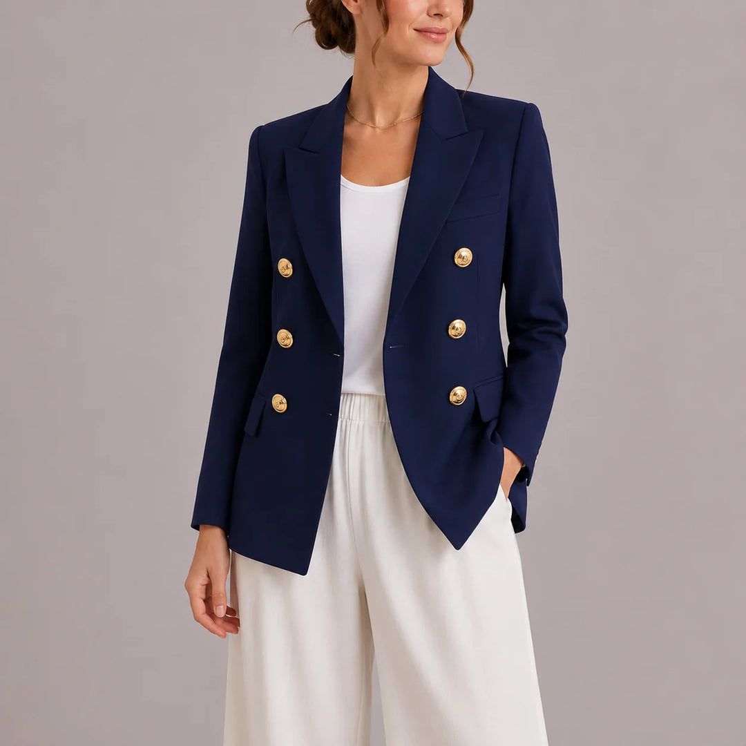 Side view of tailored women's blazer showing structured silhouette and welt pockets
