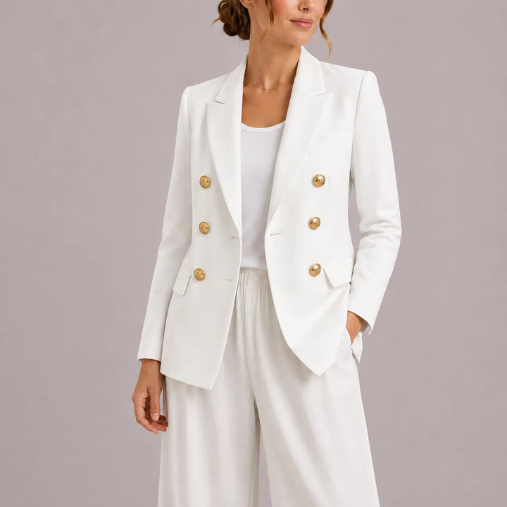 Back view of tailored blazer showing fitted cut and shoulder structure