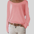 Women's knit long sleeve top in pink with round neckline and relaxed fit