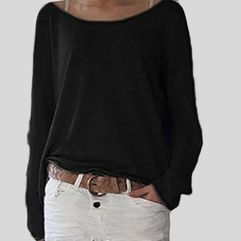 Women's knit long sleeve top in pink featuring classic round neckline and long sleeves