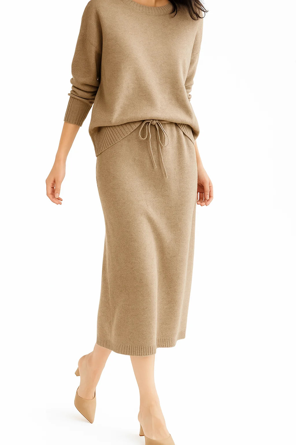 Front view of taupe knitted set showing crew neck jumper and high-waist midi skirt