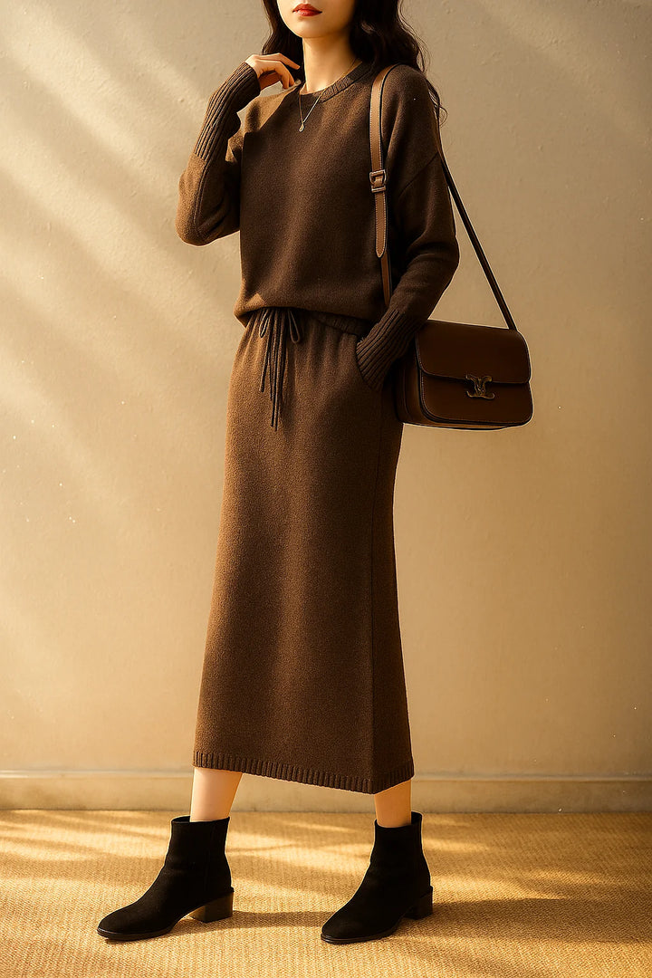 Close-up of dropped shoulder seam and relaxed fit on taupe knitted jumper