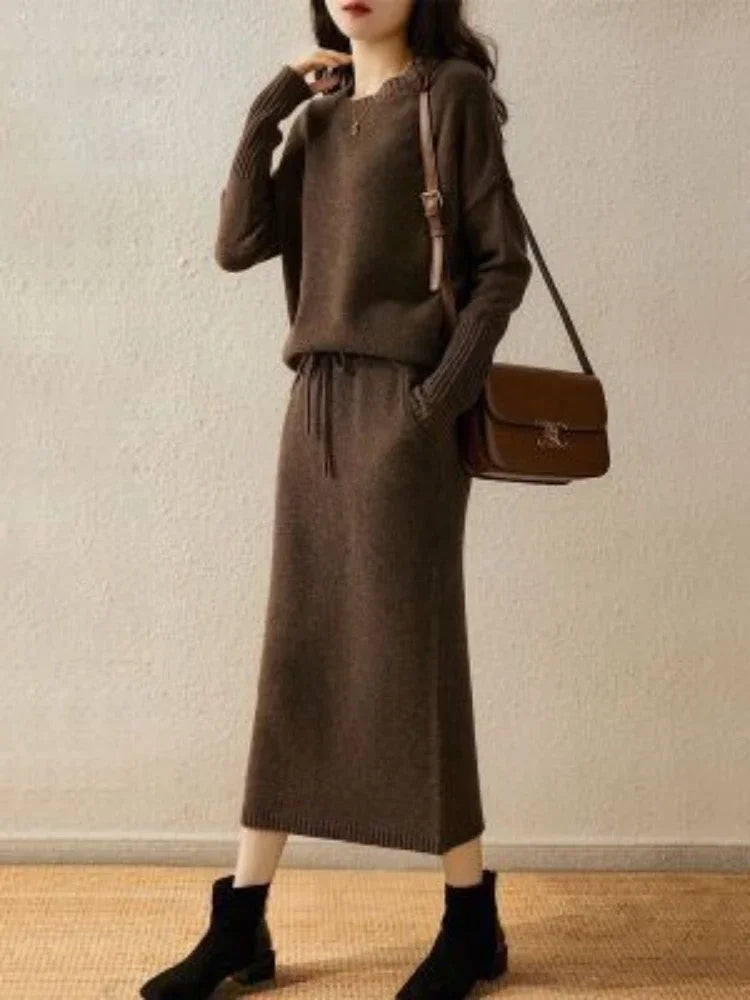 Women's knitted set in taupe showing versatile two-piece design for separate styling