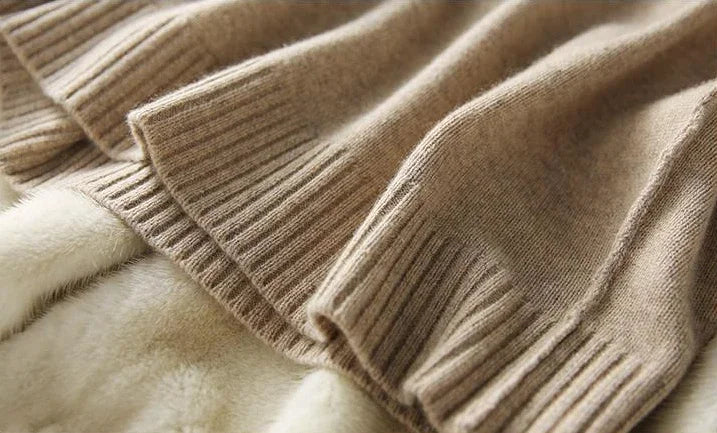 Full outfit view of women's knitted set in neutral taupe tone for layering