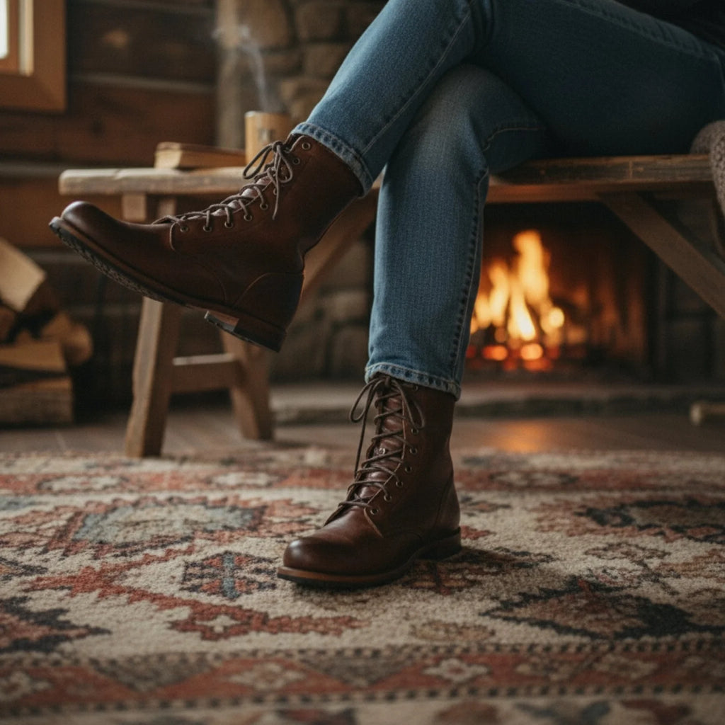 Women's mid-calf boots in brown displaying smooth finish and full-length lace-up construction