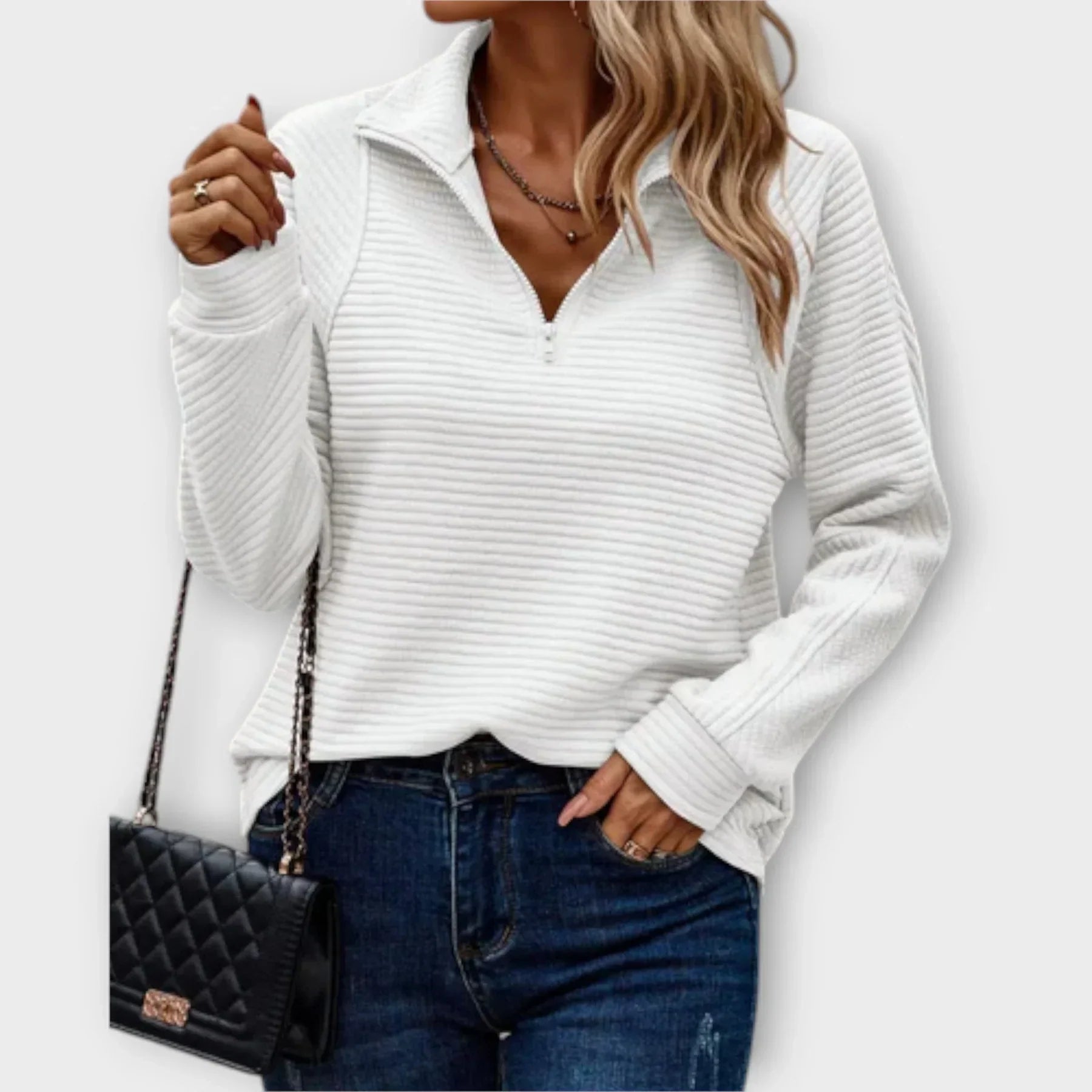 Close-up of textured ribbed fabric and metal half-zip closure on women's jumper