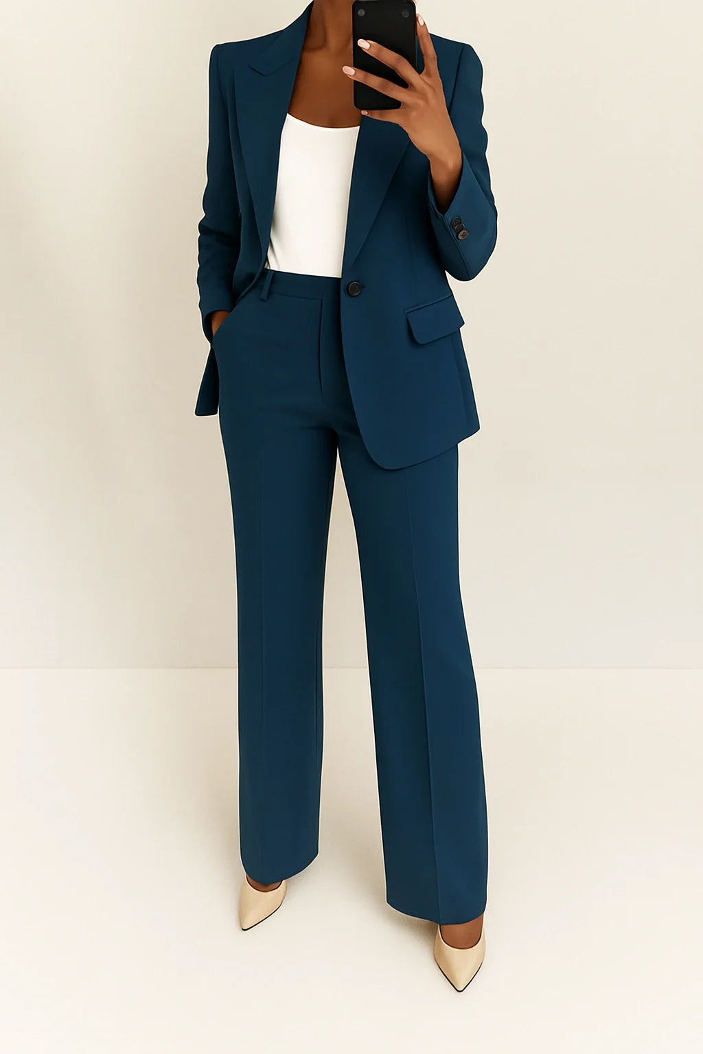 Women's co-ord set in dusty blue featuring single-button blazer and high-waist wide-leg trousers