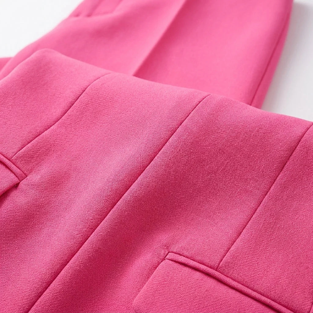 Women's formal suit set in pink featuring clean lines, tailored fit, and polished silhouette for office wear