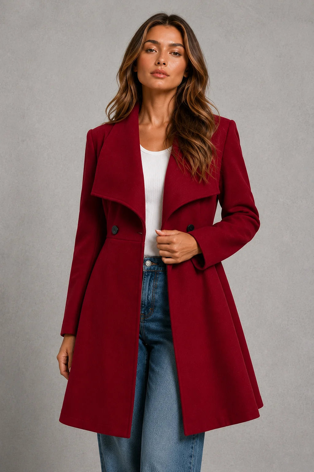Women's tailored longline coat in deep burgundy with wide lapel collar and double-breasted button front