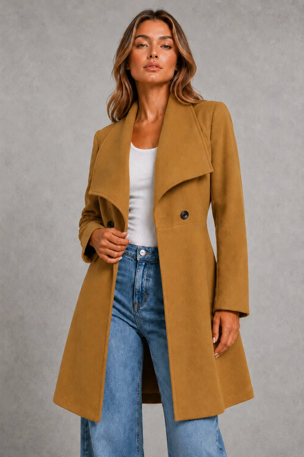 Full-length view of women's coat showing versatile styling for workwear and evening