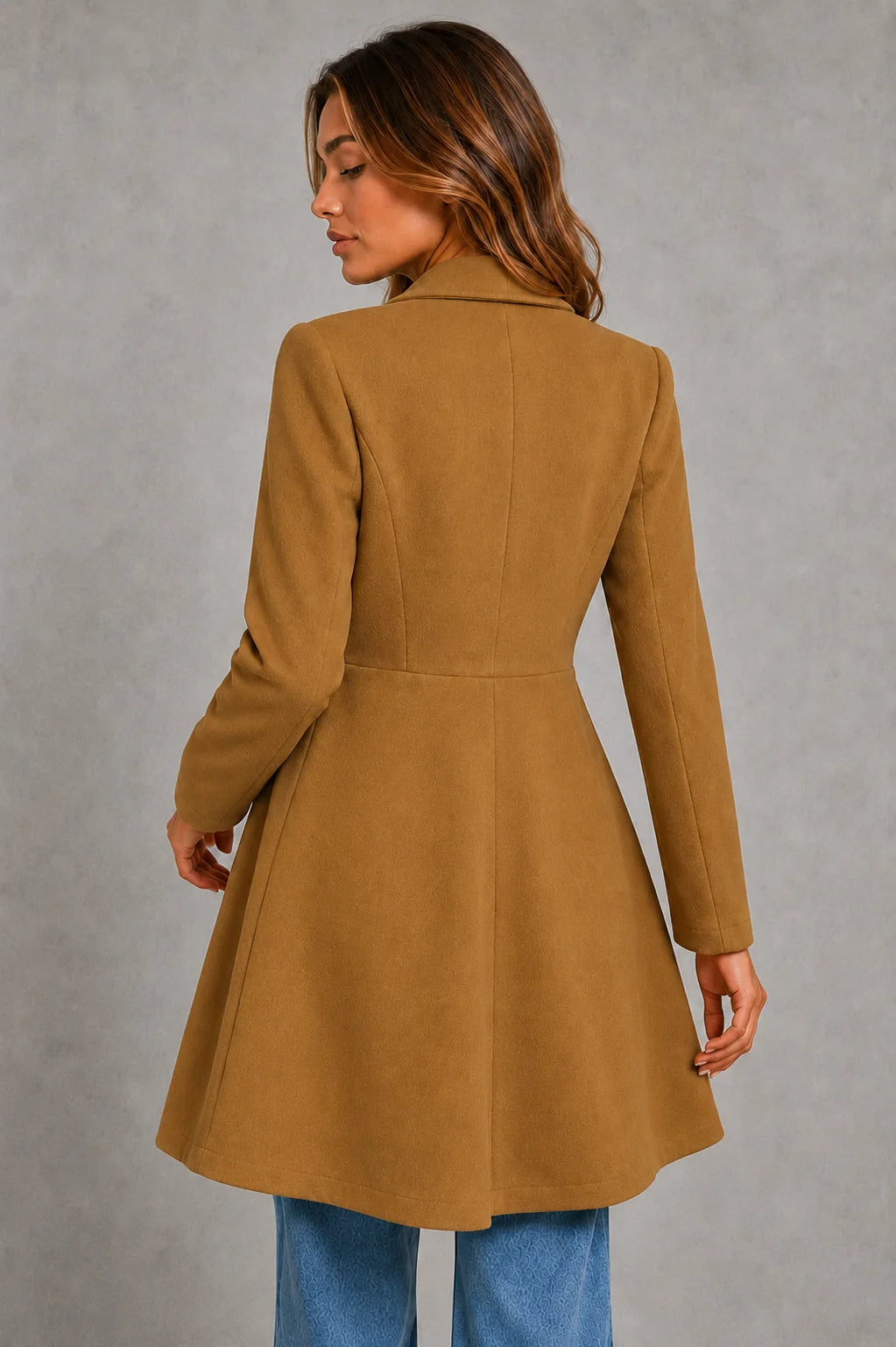 Tailored longline coat draped to show fabric drape and structured construction