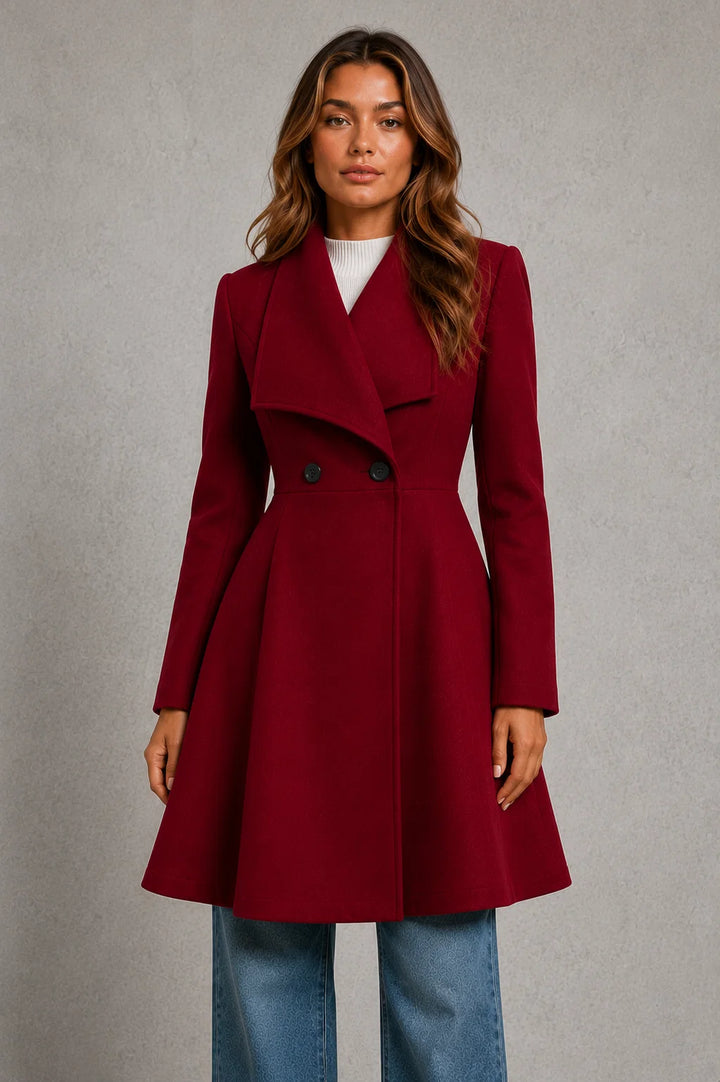 Front view of women's longline tailored coat showing structured silhouette and lapel detail